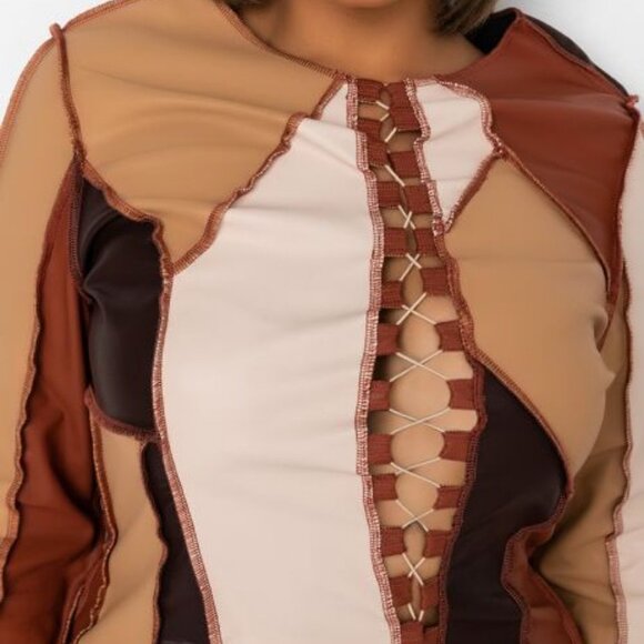 NO BAD DAYS FAUX LEATHER PATCHWORK MIDI DRESS - Picture 2 of 6